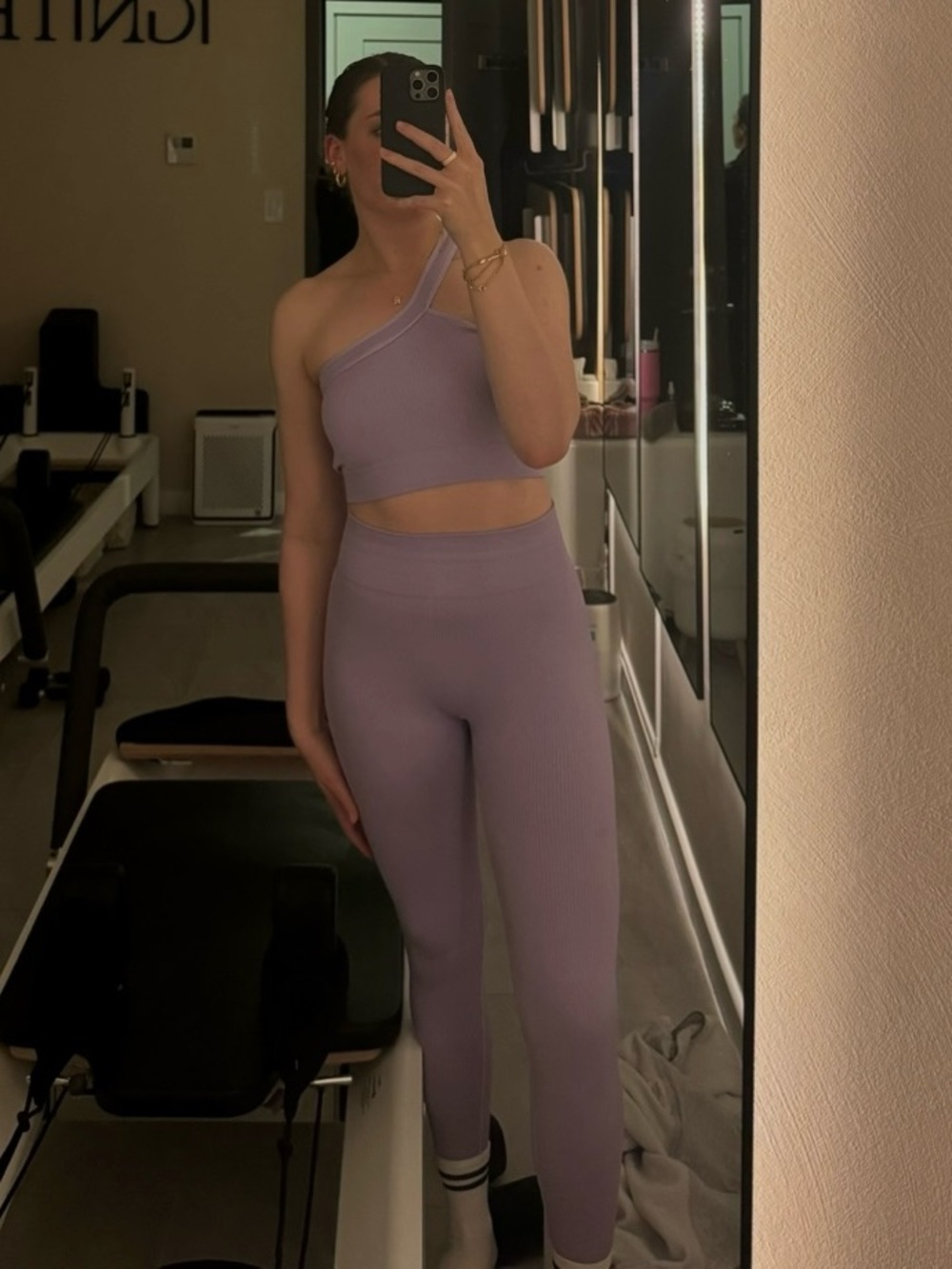 Amazon Lavender Ribbed One-Shoulder Crop Top & High-Waist Leggings Set